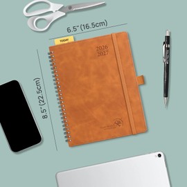 POPRUN 2026-2027 Monthly Planner, 6.5" x 8.5", 18 Month Calendar (July 2026 to December 2027) with Expense Tracker, Notes Pages, Sprial Bound, Leather Softcover - Brown