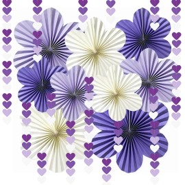 9Pcs Paper Fans Decorations, Hanging Paper Fans Decorations with Heart Garland, Round Pattern Paper Fans Party Decorations Tissue Paper Fan for Wedding Birthday Party Decoration