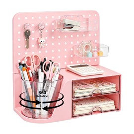 ZZFENGKR Desk Organizer with 360° Rotating Pen Holder, 5 Slots, 2 Drawers & Pegboard for Office School Art Supplies (Pink)