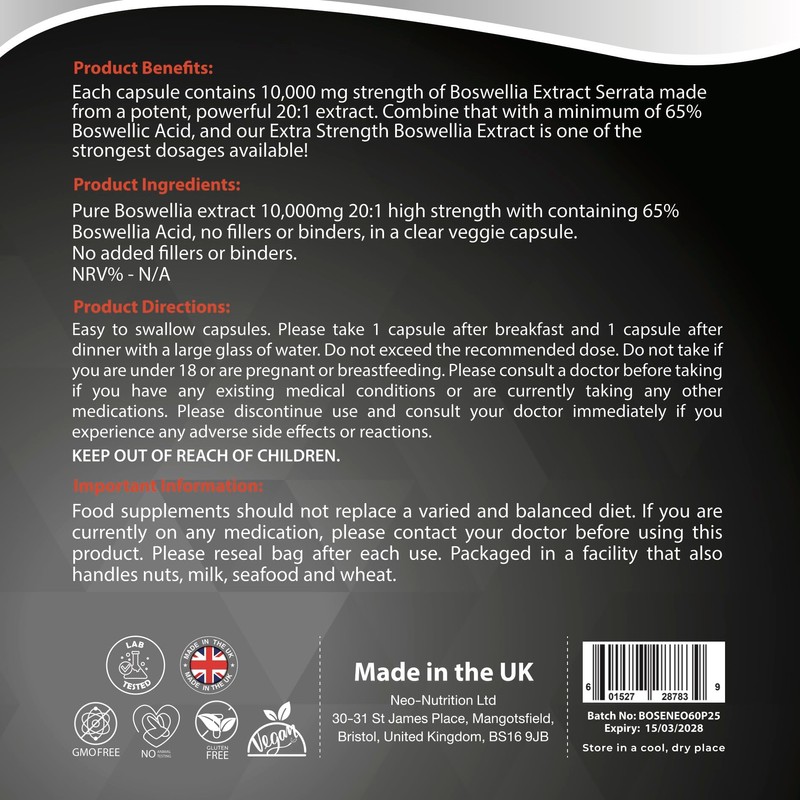 Boswellia Serrata Extract 10,000mg – 65% Boswellic Acid (500mg per