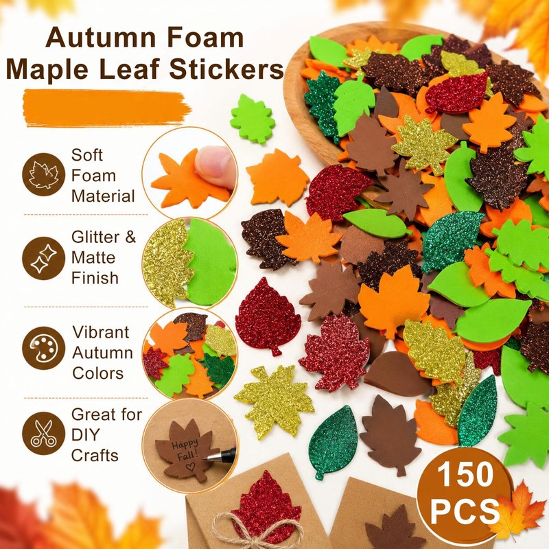 150Pcs Autumn Leaf Felt Stickers, Autumn Leaf Foam Cutter Stickers