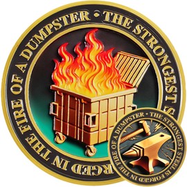 AtSKnSK Dumpster Fire Challenge Coin - Humorous Motivational Coin with Burning Dumpster and Anvil - Funny Desk Decoration and Inspirational Gift for Colleagues, Men and Women