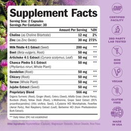 Liver Cleanse Detox & Repair Milk Thistle Supplement - 60 Capsules Herbal Liver Support - Choline, Artichoke Extract & Chicory. Dandelion Root Supplement to Promote Cellular Repair & Digestion - Vegan