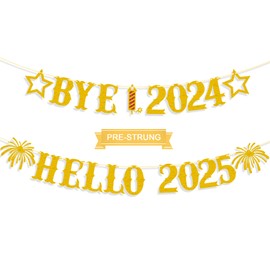 Giflloon Bye 2024 Hello 2025 Banner, No DIY Glitter Happy New Year Banner for Happy New Year Decorations 2025, New Year Eve Party Supplies 2025, Gold