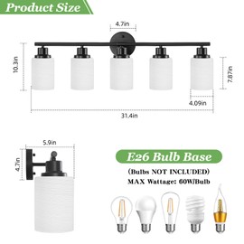 Guliaofo Black Bathroom Vanity Light, 5-Light Bathroom Lights Over Mirror, Vanity Lights for Bathroom, Vanity Lighting Fixtures with Frosted Glass Shades, Matte Black Vanity Light, E26 Base