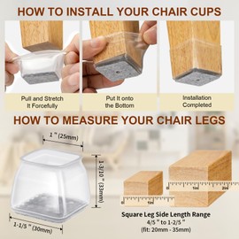 Amrules 36Pcs Square Chair Leg Floor Protectors, Silicone Chair Feet Caps to Protect Tile Floors, Felt Pads Furniture Leg Caps Covers from Scratches and Noise (Clear, Small Fit:0.76"-1.02")