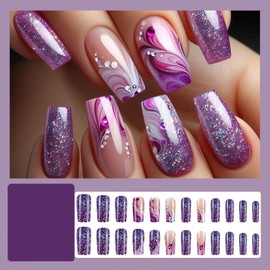 FNKFNK Purple Glitter Press on Nails Medium Square Fake Nails with Rhinestone Designs Glossy Glitter Ripple Nail Tips Full Cover False Nails Reusable Stick on Nails Artificial Nails for Women 24Pcs