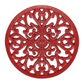 SUMTree 6.7" Round Cast Iron Trivet, Decorative Heavy Duty Hot Pot Holder Mat, Vintage Flower Pattern Cast Iron Trivet with Rubber Pegs for Kitchen Worktops Dining Table (Red)