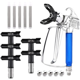 Yoption 12pcs Airless Spray Gun Kit, Airless Paint Sprayer Gun with Nozzle Guard 5 Spray Tips and 5 Airless Paint Spray Gun Filter for Airless Spraying Machine Paint Accessories (211,313,415,517,623)