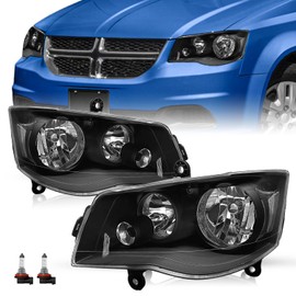 TUSDAR Headlight Assembly Set for 2008-2016 Chrysler Town & Country / 2011-2020 Dodge Grand Caravan Headlamp Driver and Passenger Side Black Housing & Clear Reflector Bulbs Included