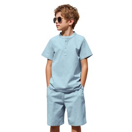 Arshiner Boy 2 Piece Linen Set Beach Shorts Outfit Henley Tee Shirt and Short Light Blue Size 14