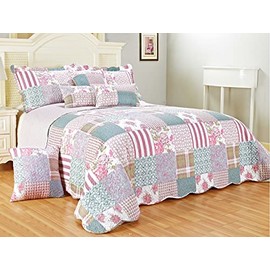 PRIME LINENS Luxury Quilted Patchwork Bedspread Bed Throw 3 Piece Bedding Set Includes Comforter & 2 Pillow Shams Floral Design Coverlet Embroidered (Blossom, Double)