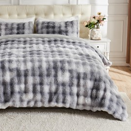 Lotus Karen Fluffy Comforter Cover Set-Rabbit Fluff Faux Fur Duvet Cover Queen Size,Tie-Dye Gray White Plush Fuzzy Furry Bedding Sets 3Pieces(1 Duvet Cover & 2 Pillow Shams),Zipper Closure