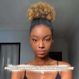 quesdom Afro Puff Ponytail Extension Synthetic Ombre Brown 80 Grams Afro Puff Drawstring Clip on Kinky Curly Bun for Black Women(1B-27 Ombre Brown)