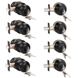 KNOBWELL 4 Pack Keyed Entry Door Knob and Single Cylinder Deadbolt Combo Set, Matte Black Exterior Door Knobs with Lock and Key for Entrance and Front Door, Keyed Alike Round Door Knob and Deadbolt