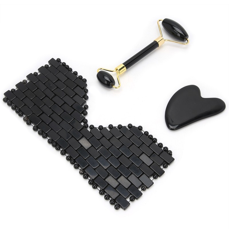 3pcs Obsidian Facial Roller Gua Sha Board Therapy Blindfold Beauty
