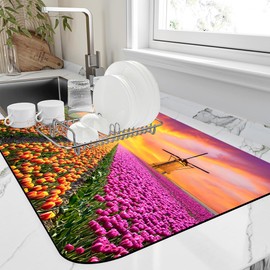 Kitchen Mat Sunrise Tulip Field Dish Drying Mat 16"x24" Bsorbent Coffee Maker Mat for Sink Dishes or Under Rack Kitchen Counter Accessories Absorbent Hide Stain Rubber Backed Dish Drying Pad