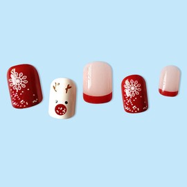 Christmas Press on Nails Short Square Fake Nails with Snowflake Cute Elk Designs Xmas Red French Tip False Nails Press ons Acrylic Glue on Nails Glossy Stick on Nails for Women Girls 24 Pcs