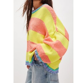 Women Vintage Pullover Sweater Y2k Crewneck Long Sleeve Preppy Oversized Color Block Knit Sweaters Tops (US, Alpha, Small, Regular, Regular, Yellow)