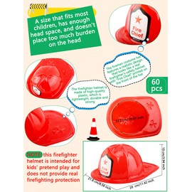 Restroma 60 Pack Children Firefighter Hat Bulk Fire Chief Helmet Plastic Fireman Costume Hat for Kids Fireman Cosplay Hero Theme Party Dress Up (Color Style 1)