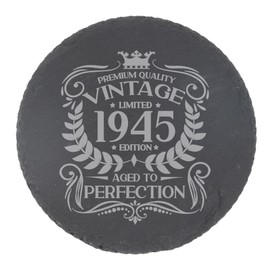 80th Birthday Gift for Men Vintage 1945 Aged to Perfection Engraved Slate Coaster Present for 80 Year Old Etched Natural Slate Placemat (Round Slate)