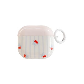 Cherry Bow Cute Case for Airpods 3 with Lock,Classy Chic Vintage Bowknot Ribbon Coquette Aeshteitc Retro Fruit Design Classy Blue Striped Girls Women Protective Cover for Airpod 3rd Gen