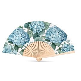 Abbott Collection Hydrangea Folding Hand Fan - Wood/Cotton, Blue/Green (16"W)