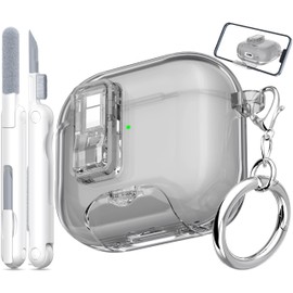 MHYALUDO for AirPods 4th Generation Case Cover 2024, Military-Grade Shockproof Transparent Anti-Yellowing, Charging Port Dust-Proof & Stand Design with Cleaning Kit for AirPods 4 Case, Crystal Black