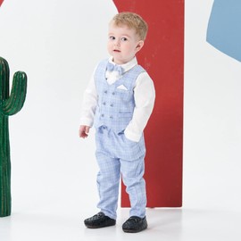 famuka Baby Boy Classic Suit Double Breasted Waistcoat Tuxedo Formal Outfit Plaid (Blue, 12 Months)