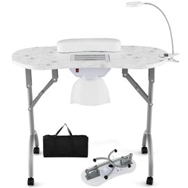 DORTALA Portable Nail Desk, Nail Table Station for Nail Techs w/Electric Dust Collector, Bendable LED Lamp, Removable Armrest Pad, Folding Manicure Table with Lockable Wheels for Home, Salon， White
