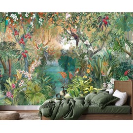 Jdayda Tropical Plant Forest Wallpaper Mural Animals and Flowers Jungle Landscape Wall Mural for Bedroom Living Room Bathroom