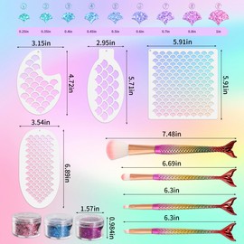 Mermaid Scale Stencil Set 9 Pieces Reusable Mermaid Face Makeup Stencils Fish Scale Templates, 3 Bottles Glitter and 4 Pcs Eye Makeup Brushes - Women Girl Cute Make Up DIY Tool Set