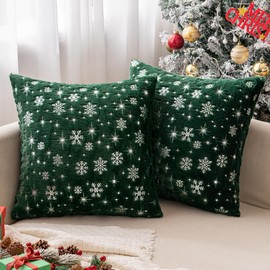 MIULEE Christmas Dark Green Decorative Throw Pillow Covers Set of 2 Soft Faux Fur Pillow Cases Covers with Silver Snowflake Glitter Printed Cute Pillowcases for Couch Sofa Bed Girls Room 18 X 18 Inch