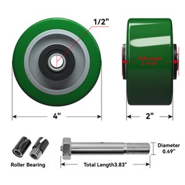 LONGRUNFORU 4" x 2" Industrial Casters, Polyurethane on Aluminum Wheel, Roller Bearing-1/2" Bore, Set of 4 Heavy Duty Caster Wheel with 3200 lbs Capacity(4 Pack)