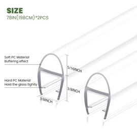 Shower Door Seal Strip, 2 Pack*78" L U-Shape Shower Door Side Seal Bottom Seal Door Sweep for 3/8" (10mm) Thick Glass, Ultra-Clear Polycarbonate Strip Water Barrier