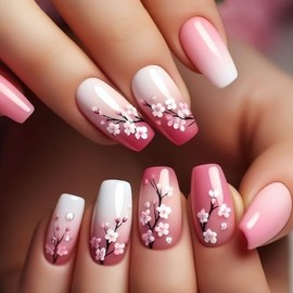 Flower Press on Nails Medium Coffin Fake Nails Pink White False Nails with Plum Blossom Flower Designs Glue on Nails Spring Stick on Nails Cute Acrylic Nails Full Cover Glossy Artificial Nails