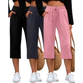 Huukeay 3 Pack Women's Capri Pants, Drawstring Lounge Capris Wide Leg Cropped Pants with Pockets Workout Yoga Joggers(Large,Black, Dark Gray, Pink)