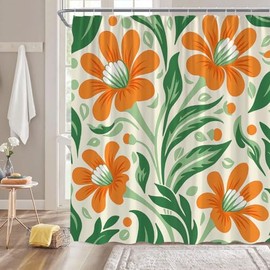 ZNLSU Floral Shower Curtain Orange Boho Flower Green Abstract Leaves Rustic Vintage Spring Plant Modern Minimalist Botanical Bathroom Decor Fabric Bathroom Sets with Hooks