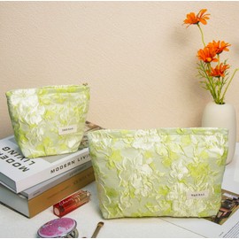 getgto 2 Pcs Makeup Bags, Large Cosmetic Bag Travel Toiletry Bag Organizer for Women, Embroidery Craft, Floral Makeup Bag Small Cosmetic Pouch Purse with Zipper Gifts for Girls Teen