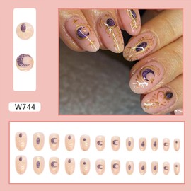 Medium Oval Press on Nails,Glitter Star Moon Fake Nails,Glossy Gold Foil Design False Nails with Glue on Nails,Round Artificial Nails for Women Nail Art Decoration,Full Cover Reusable Stick on Nails