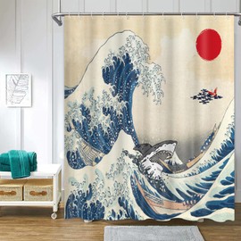 Chloroplastid Great Wave Shower Curtain Japanese Ocean Cool Shark Red Sun Crane Asian Anime Shower Curtains 72 x 72 Inch Hokusai Aesthetic Mens Bathroom Decor Curtains Waterproof Fabric