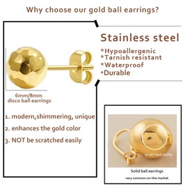 Shiny Gold Studs Earrings for Women, 6mm 8mm Lightweight Gold Ball Earrings for Women, Waterproof Surgical Steel Stud Earrings Gold Filled, Hammered Texture Handmade Ball Stud Earrings