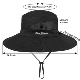 KorhLeoh Women Sun Hat UV Protection Foldable Mesh Wide Brim Beach Fishing Hat with Ponytail Hole, black