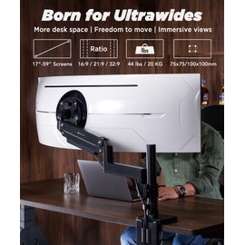 ULTRARM Heavy Duty Monitor Arm for Ultrawide Monitors up to 57" and 44 lbs, Single Desk Stand, Pneumatic Height Adjustable, Modular Extension Arms - Max VESA 100x100, Black, MA20P-S