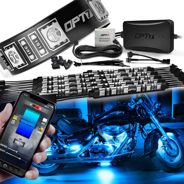 OPT7 Aura Pro Motorcycle LED Light Kit Smart Brake, RGB Multi-Color Bike Underglow Neon Light Bluetooth APP, Motorcycle Under Glow Strips Switch for Cruisers, 10pc, IP67 Waterproof 12V, iOS Android