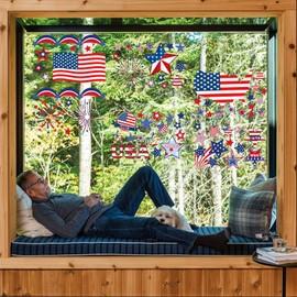 9 Sheets 4th of July Window Clings USA Stars Fireworks Window Stickers Independence Day Five-Pointed Star Window Decals Patriotic Window Decorations for Memorial Day School Home Office Party Supplies