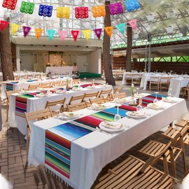 10 Pack 14 x 84 In Mexican Serape Table Runners, 29 Pcs Papel Picado Banner, Fiesta Hanging Banner and Pennant Flag Banner Colorful Bunting Banner for Mexican Theme Party (Rose Red, Blue)