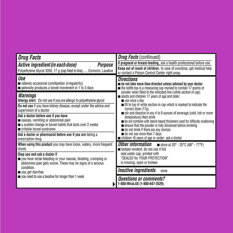 MiraLAX Laxative Powder for Gentle Constipation Relief, Stool Softener, 14