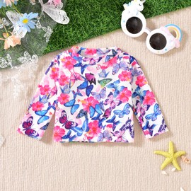 0-3 Months Baby Girl Long Sleeve Swimsuit Two Piece Rash Guard Set Infant Butterfly Bathing Suit with Hat Swimming Beach Wear