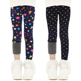 Auranso Thermal Leggings Girls Children Lined Thermal Leggings Winter Warm Pack of 2, Colourful stars & dots